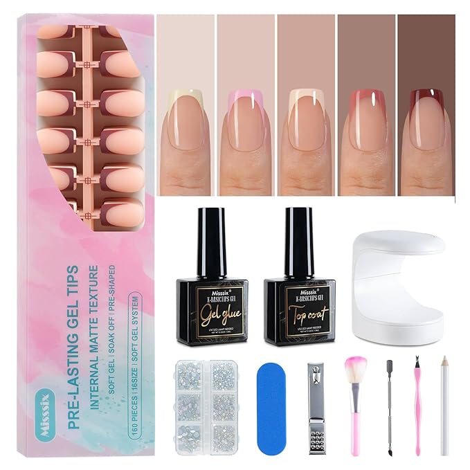 Misssix French Tip Press On Nails, 160Pcs French Gel Nail Tips Short Square, Soft Gel Fake Nails, X-BASIC Tips Starter Kit for Nail Art DIY 16 Sizes