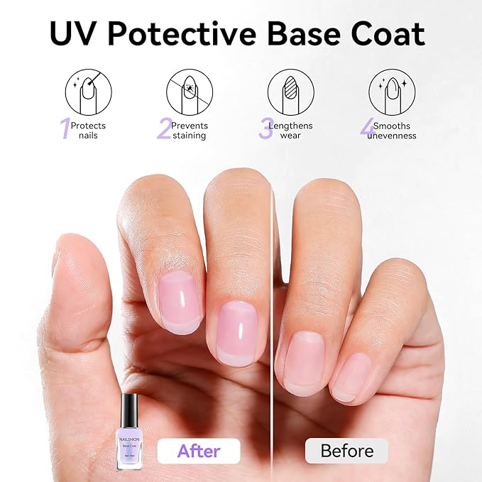 Clear Nail Polish Base Top Coat Anti-UV, 2PCS Rich in Calcium VE Nail Strengthener, High Shine Top Coat Chip Resistant Quick Air Dry Prevents Discoloration, Vegan Cruelty-free