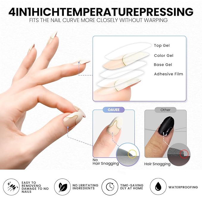 Semi Cured Gel Nail Strips | Built-In Gel Top Coat | UV Light Required | Salon Quality, Easy Application And Removal (Ivory Wave With Gold)