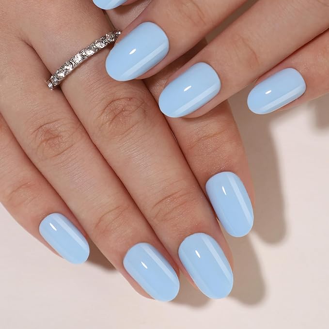 Press On Nails - Cloud Nine | Opaque Soft Pale Sky Blue Short Oval Fake Nails, Salon Quality | 32 Nails, 16 Sizes Kit with Glue and Adhesive Tabs I Female Founded