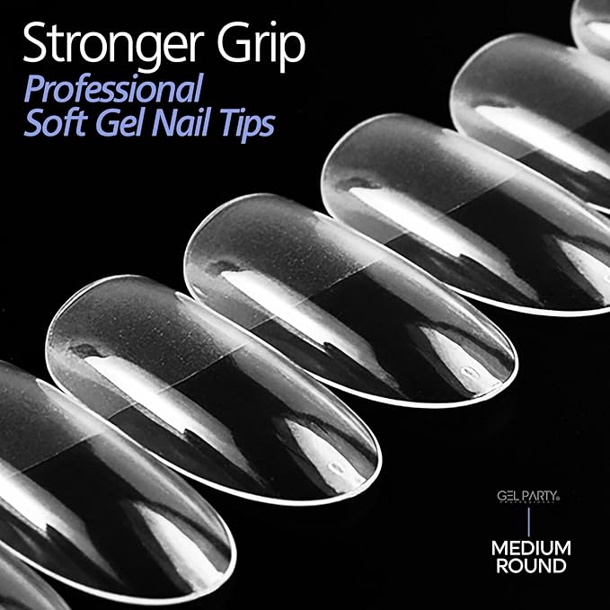 GELPARTY Soft Gel Nail Tips Medium Round - 240Pcs Pre-Buffed Matte Full Cover Tips - Natural Look, No Filing Needed, Soak Off Gel Extension System - Clear False Nails (12 Sizes)