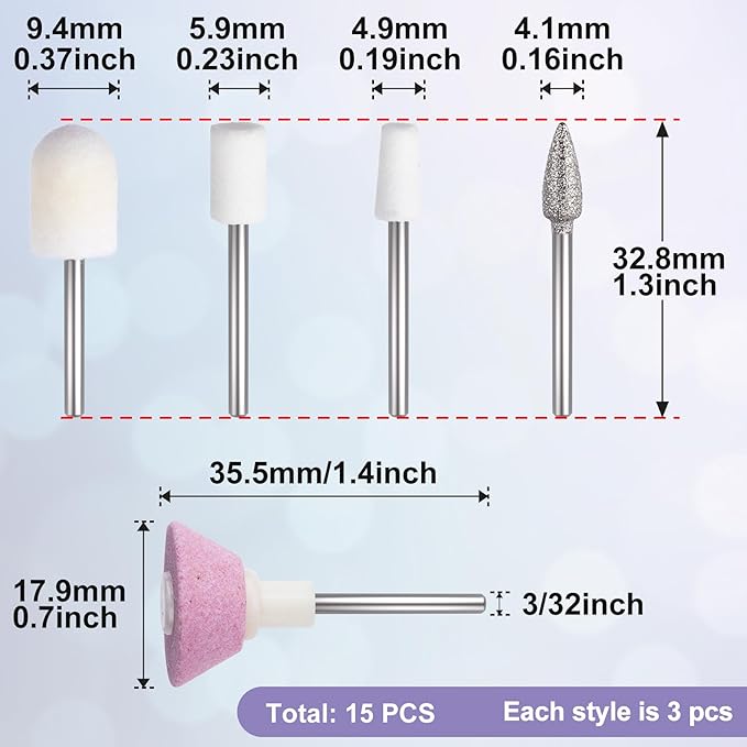 ANCIRS 15 Pcs 3/32 Inch Nail File Replacement Head Refills Set, Nail Drill Bits for Finishing Salon Electronic Manicure, Nail Manicure Pedicure Tools (5 Styles)