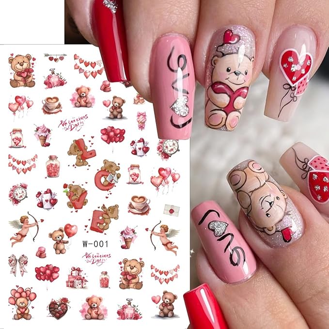 6 Sheets Valentines Day Nail Art Sticker 3D Self-Adhesive Pink Heart Nail Stickers Angel Bear Couple Bow Rose Romantic Design Cute Love Nail Decals Nail Art Supplies for Acrylic Manicure Decorations