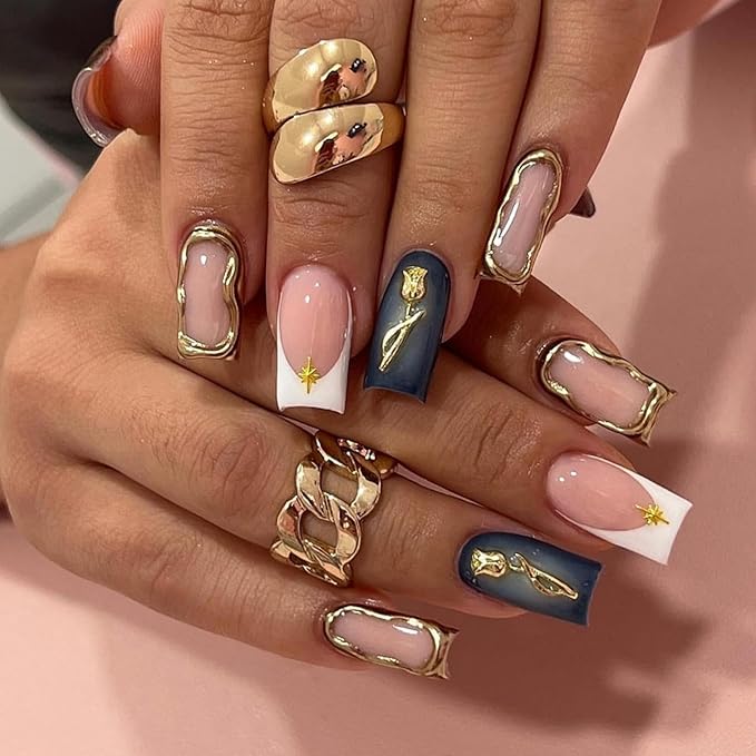 French Tips Press-On Nails Medium Square 24Pcs with Gold Flower Charm Design 3D Gold Chrome Glossy Summer False Nails