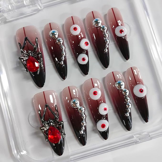 Halloween Press on Nails Long Almond 3D Handmade Nails Thick Acrylic Fake Nails Gothic False Nails with Spider Charms Rhinestones Eyeball Designs Dark Red Sturdy Nail Art Press on Nails 10Pcs(M)