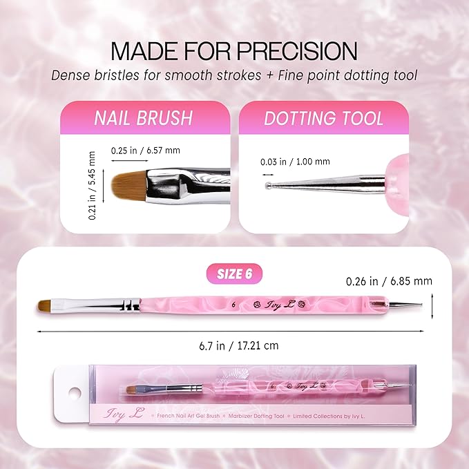 Ivy L Premium 2 Way French Gel Acrylic Nail Art Kolinsky Brush with Dotting Tool for Professional Manicure Cuticle Clean up Nail Art Design (Size # 6, Pink Marble)