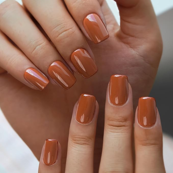 Curvlife Press On Nails – 30PCS Full Cover False Natural Fit Soft Gel Fake Nails Tips, Easy to Apply at Home Glue On False Nails Kit (Orange Red Solid, Short)