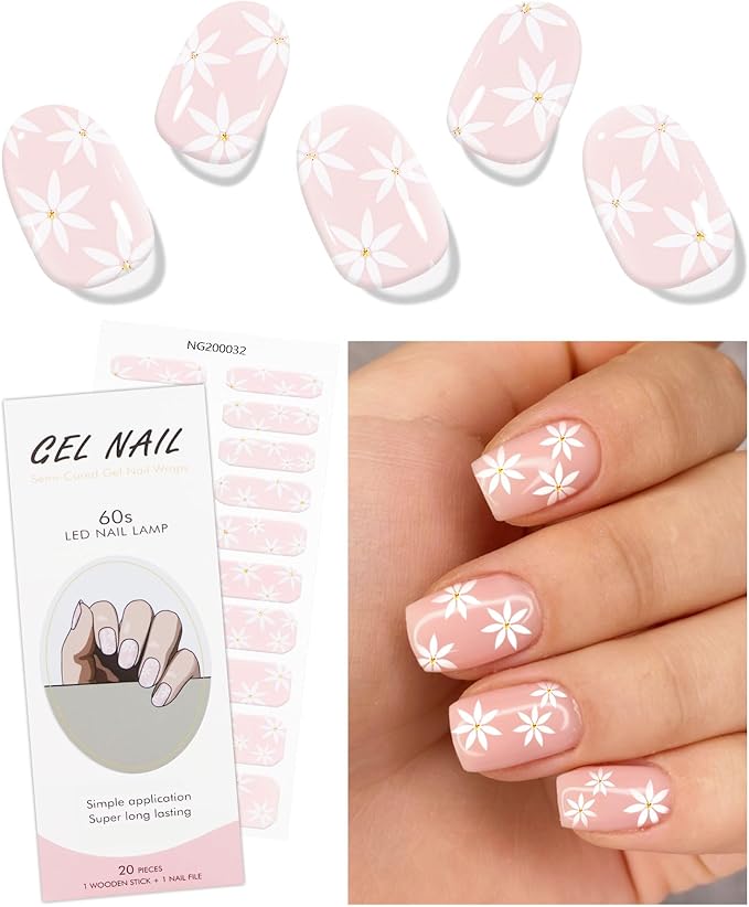 JMEOWIO Gel Nail Stickers Cream Pink White Flower Semi Cured Gel Nail Strips Wraps UV/LED Nails Art Design Decoration Accessories