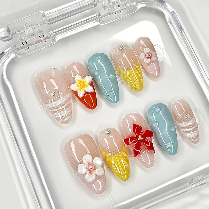 Luxury Press on Nails Medium Almond French Tip Handmade 3D Unique Reusable ABS Material Fake Nails Pastel False Nails with Designs Pearls Floral Art Petal Glossy Glue on Nails Thick Acrylic Nails(M)