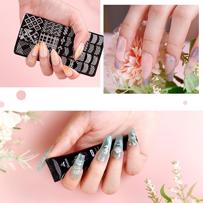 Biutee Nail Stamping Plates Set 8pcs Nail Stamping Polish Gel, 10pcs Nail Stamper Kit with Stamper, Nail Art Plates Set for Women Girls DIY Salon & Home
