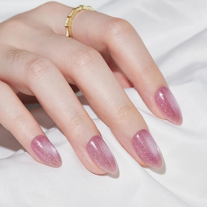 Press On Nails Short - Findigit Pink Cat Eye Almond Press On Nails with Glue for Women, Soft Gel Glue On Nails in 16 Sizes - 32 Stick On Fake Nails Kit, Pink Galaxy