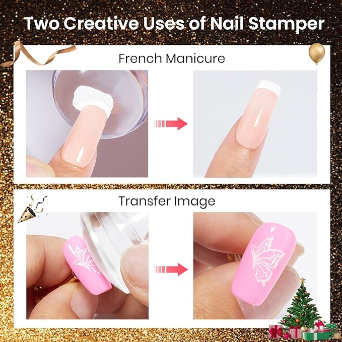 Beetles Nail Stamp Gel 16Pcs French Tip Nail Stamp Kit with 8 Colors Stamper Gel Polish, 5 Nail Stamping Templates, Scrapers, Liquid Latex & Short Silicone Stamper Gift for Women