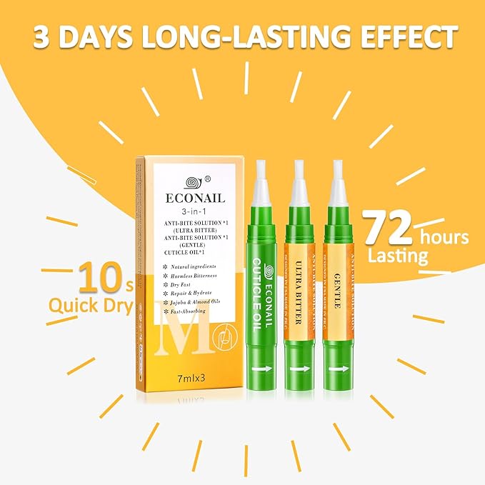 3 IN 1 Nail Biting Prevention Kit for Kids & Adults -3 Pack Includes Extra Strength+ Gentle Bitter Polish + Cuticle Oil. Fast Drying Formula Stops Nail Biting & Thumb Sucking