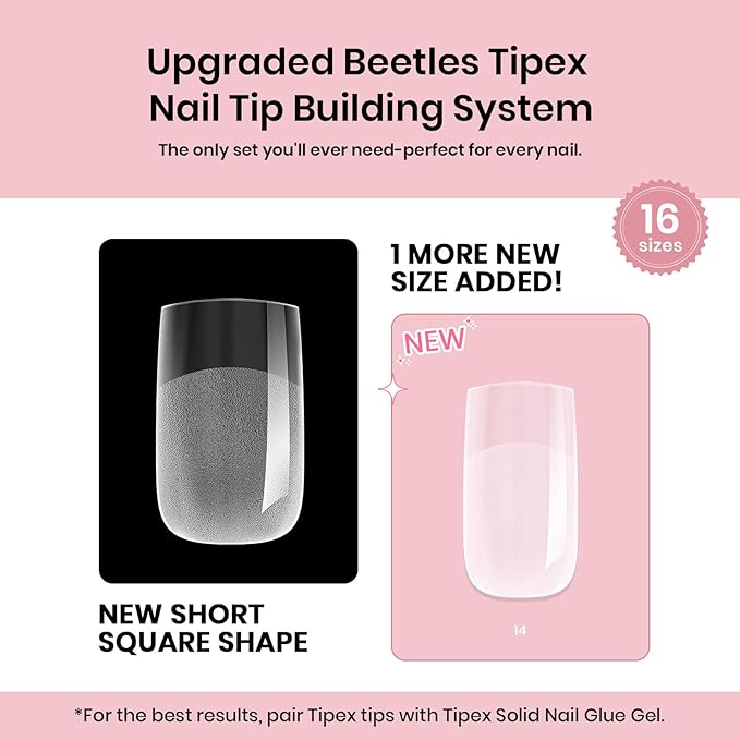 Beetles Tipex Instant Apex Nail Tips, 512Pcs Short Square Upgraded Pre-building Pre-Etched Half Matte Gel Nail Tips, 16 Sizes Thicker Acrylic Nail Strong Nail Extension
