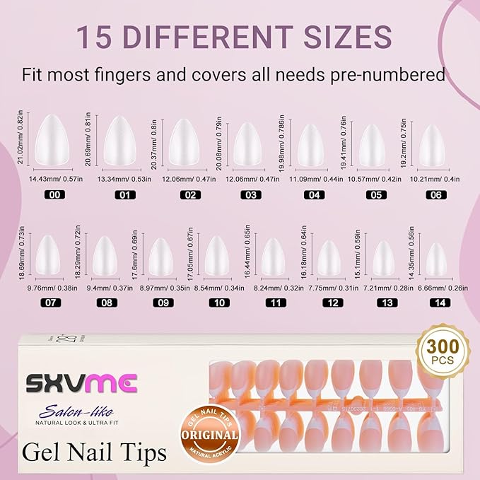 Gel French Tip Nails Short Almond French Tip Press on Nails SXVME White French Nail Tips 300Pcs Pre-applied Tip Primer Natural Nude Pink Fake Nails Extensions Gel Nail Kit for Women Girls DIY
