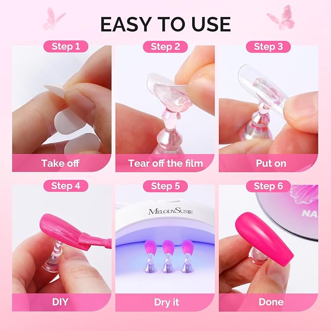 MelodySusie Nail Stand for Press Ons, Super Pink Metal Round With Butterfly Pattern Magnetic Base for Painting Display with Brush Holder And Reusable Double-Sided Tape for Home DIY Salon Supplies
