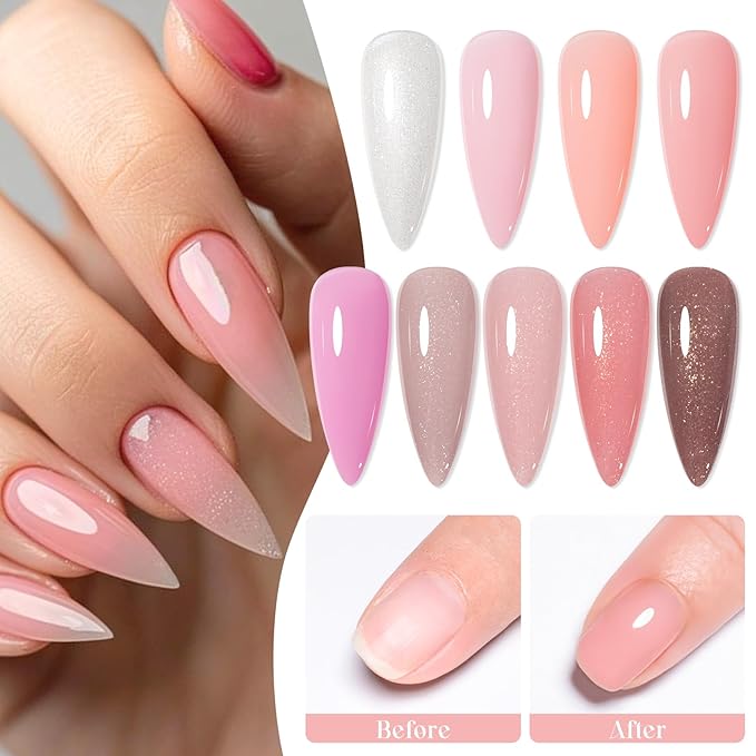 MEET ACROSS Color Base Gel For Nails 12 Pcs, Builder Base Nail Gel Aesthetic Nude Pink Rubber Base Gel Polish with Super Top Coat, Prep Dehydrator and Nail Primer Base Gel Strengthener Gel All-in-1