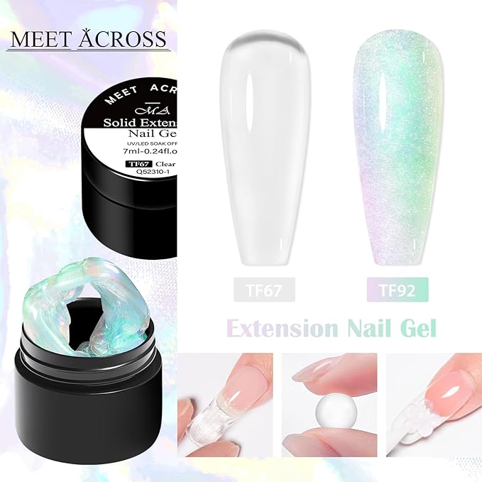 MEET ACROSS All-in-One Extension Mini Kit 2×7ml Non-Sticky Builder Gel Starter Kit WIth Base & Top Coat/Dual-Silicone Pen/Pro File/20-Pc Reusable Dual Forms Salon-Grade Extensions (Clear+Ultra Green)