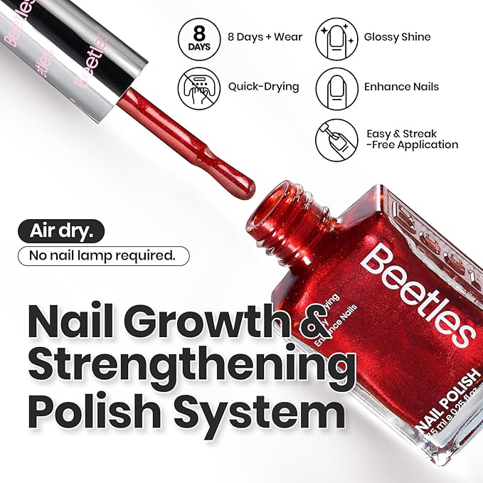 Beetles Valentines Nail Polish Set - Glamour Era 6 Colors Quick Dry Glitter Burgundy Red Gold Green Yellow High-Gloss Long-Lasting Nail Polish for Winter DIY At-Home Manicure Gift for Women