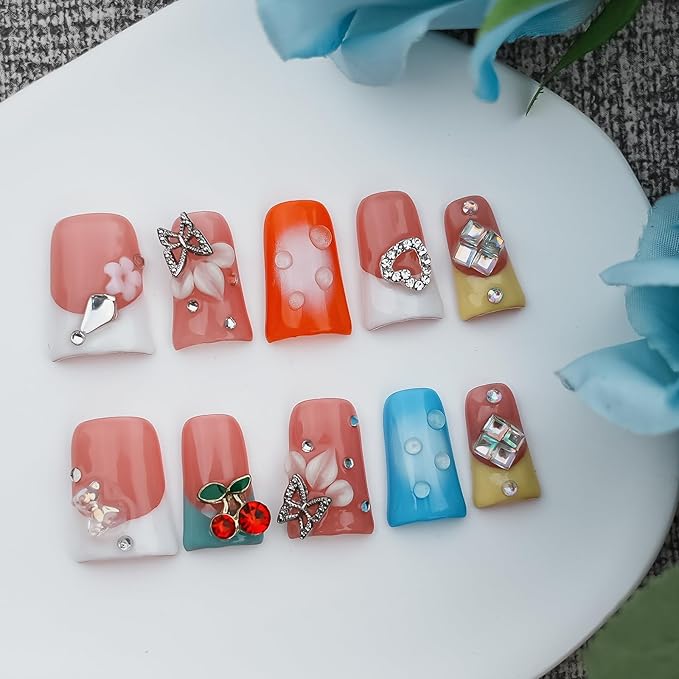 Handmade Press on Nails Short Duck - 3D Floral Metallic Butterflies False Nails Luxury Rhinestone Cherry Petal Flower Design, Reusable Thick Acrylic Full Cover(Spring Bloom Pop,L)