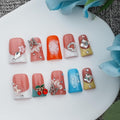 Handmade Press on Nails Short Duck - 3D Floral Metallic Butterflies False Nails Luxury Rhinestone Cherry Petal Flower Design, Reusable Thick Acrylic Full Cover(Spring Bloom Pop,L)