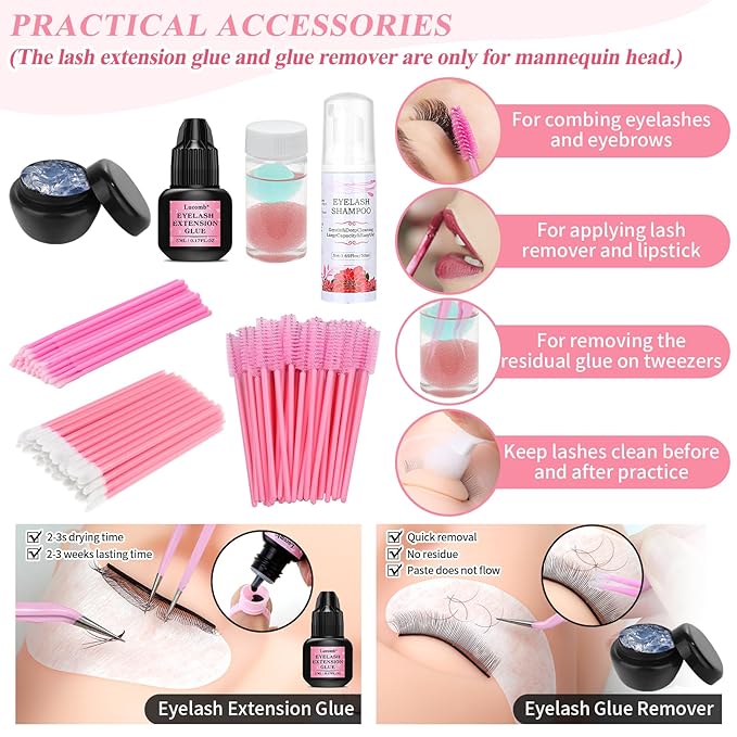 Lash Training Kit for Eyelash Extension, 232 PCS Individual Lash Kit for Beginner Practice with Everything: Mannequin Head with Removable Eyelids Fan Eyelashes Glue Tweezers Lash Tools Supplies