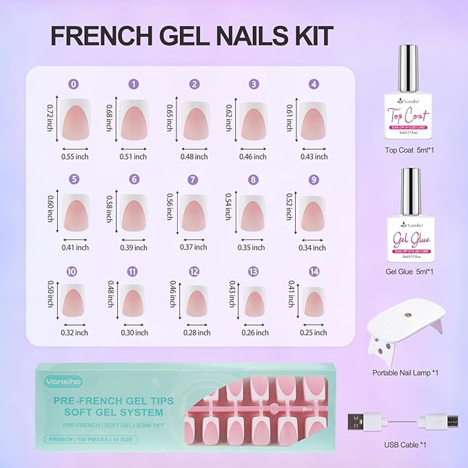 Vansiho Gel Nail Kit - Pink Deep Short Squre French Tip Press on Nails Kit with Nail Gel, Top Coat for Gift Home DIY