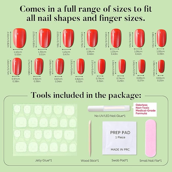 Luxbon Press On Nails Acrylic Short Rounded with No-Cure Nail Glue and Tool Kit – Stick On Nails Cat Eye Soft Gel Tips 25-30pcs Full Size Set, Reusable Fake Nails for Women, Fit Perfectly, Red