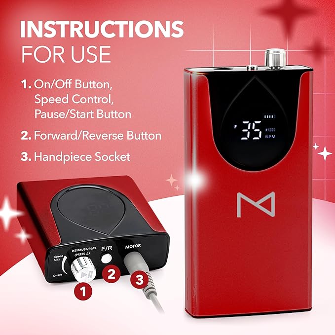 M Max - Nail Drill Professional - 2-in-1 Brushless Motor Nails Drill Machine - Electric, Cordless, Aluminium Alloy Casing, 35000 RPM, HD Display - Perfect for Salon & Home Use (Red)