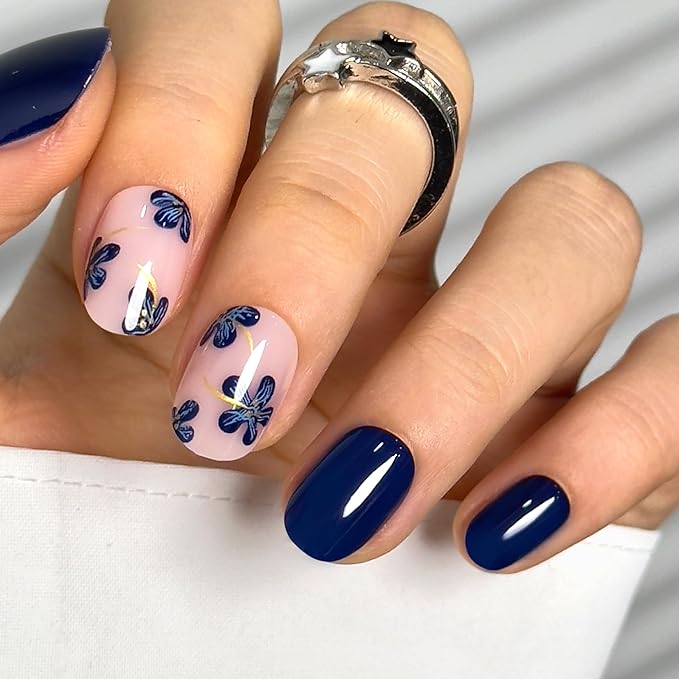 CurvLife Soft Gel Short Press On Nails Square, Long-Lasting Reusable Oval Fake Nails Kit with Glue & Tabs, 30pcs Salon-Quality Stick On Nails for Women At-Home Manicure (Navy Petal)