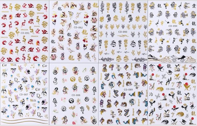 3D Gold Black Dragon Nail Stickers for Chinese New Year Dragon Nail Art Designs