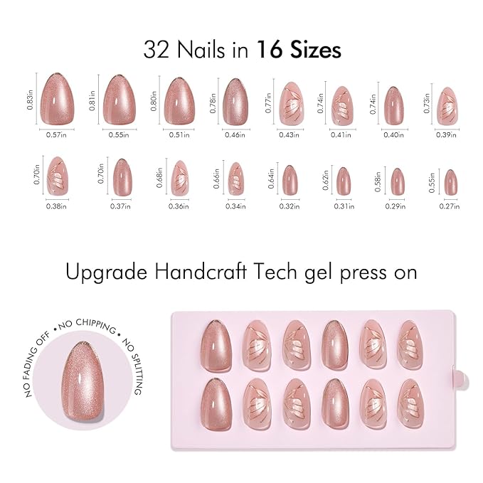 VSALON Press On Nails Short Almond - Pink Cat Eye Semi-Transparent Metallic Butterfly Design Fake Nails, Reusable Soft Gel Glue on Nails with Glue & Cuticle Oil - Valentines Gifts for Women