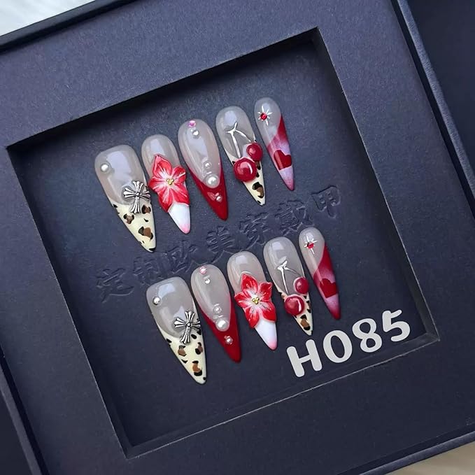 Handmade Press on Nails Long Stiletto Fake Nails Leopard French tips False Nails with Cheery Flower Design Red Heart Pearl Charms Handmade Nail Reusable for Women Girls Daily Wear Manicure Size L