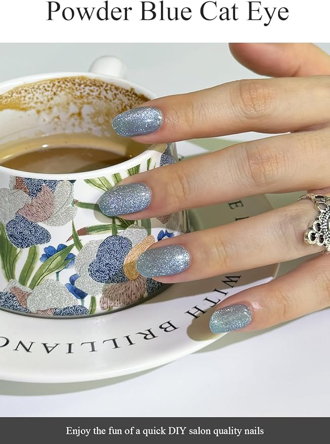 Semi Cured Gel Nail Strips (Powder Blue Cat Eye), 20 Pcs Gel Nail Wraps, Stickers, UV Light Required, Salon Quality, Long Lasting