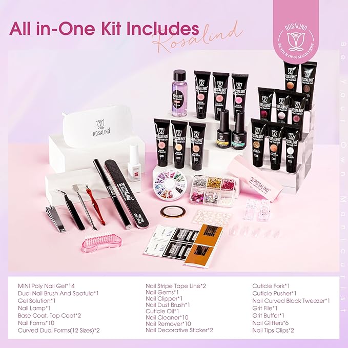 ROSALIND Poly Nail Gel Colors Kit -14 Colors +72 Nail Art Accessories Glitter Poly Nails Gel Kit Starter Kit with Mini UV Lamp Slip Solution Nude Pink Poly Art for Beginners with Everything