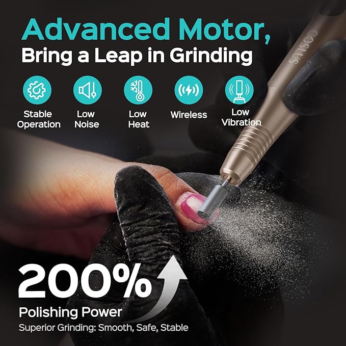 COSLUS C51 Electric Cordless Nail Drill: Professional Nail File with LED Screen & 25 Speeds for Acrylic Gel Dip Powder Removal, Beginner-Friendly for Home DIY & Salon, Portable for Travel, Gold