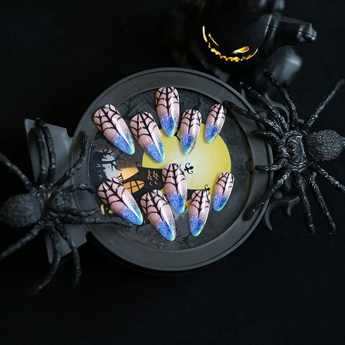 24 Pcs Halloween Gradient Press on Nails, Almond Fake Nails with Spider Web Design, Glossy Acrylic Nails, Full Cover Reusable Stick on Nails for Women Girls Nail Supplies