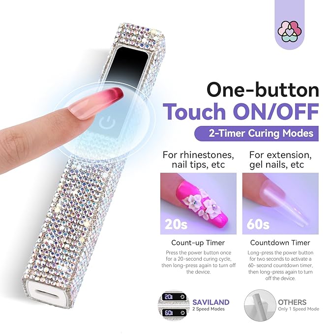 SAVILAND Silver U V Light for Gel Nails: Handheld 12W 8X Speed Flash Cure Lamp with Dual Timer Touch Screen & LCD Display Screen Portable 400 mAh LED Flash Cure Light Gel Polish Nail Art Home