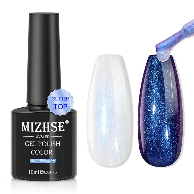 MIZHSE Pearl Sparkly Glitter Gel Nail Polish Blue Mermaid Aurora Shimmer Soak Off UV LED Nail Gel Polish For Nail Art Home DIY, 10mL 0.33 Fl oz