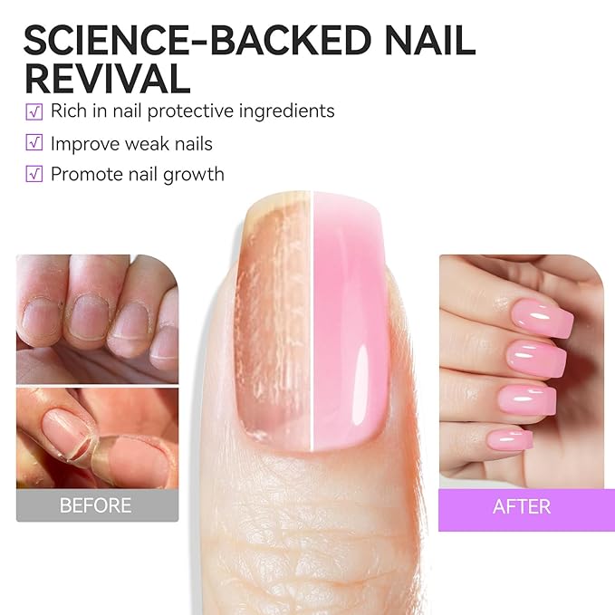 Nail Polish Strengthener and Growth Treatment: Pink Gelike EC 6 in 1 Natural Nail Hardener Extra Strong and Growth - Long Lasting Nail Repair for Damaged Nails - For Daily Work Home Salon