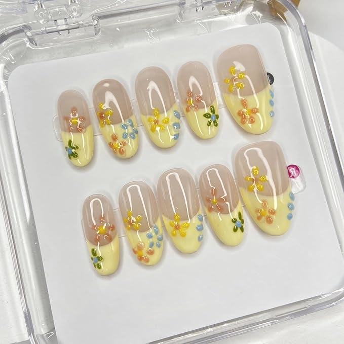 Handmade Press on Nails French Press on Nails Medium Almond Fake Nails Pink False Nails Full Cover Design Colorful Flower False Nails Reusable Acrylic Nails for Women Art Manicure (Size M)