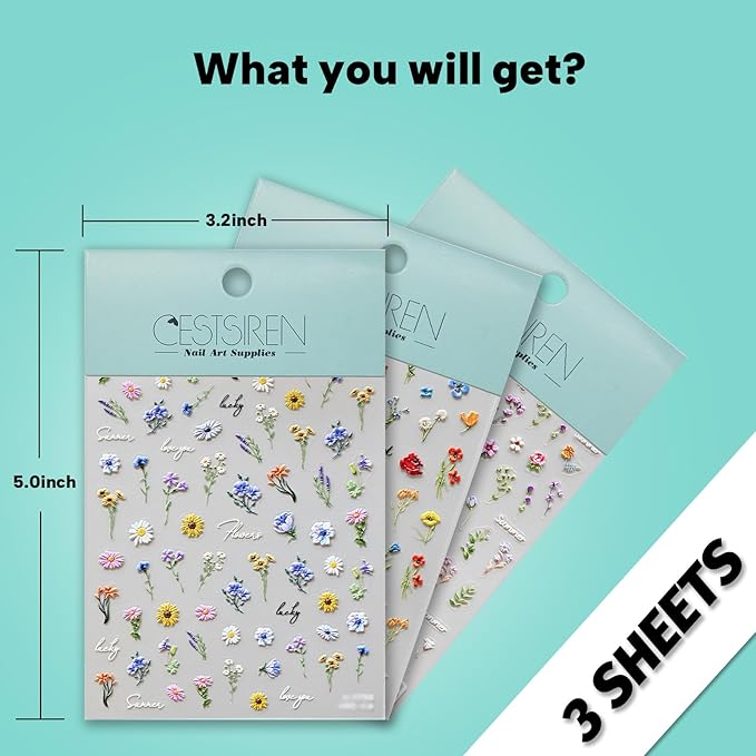 Flower Nail Art Stickers 3D Embossed Nail Decals for Nail Art Design Self-Adhesive Spring Summer Nail Accessories for Women Nail Art Supplies 3 Sheets