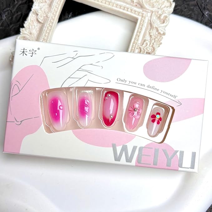Press on Nails Medium Almond, 30 Pcs Handmade 3D Pink Flowers Embossed Designs, Glossy Nude Fake Nails, Reusable Glue On Nails, Full Cover Acrylic Nails for Women