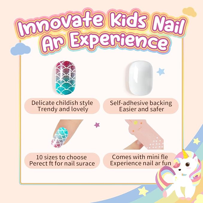 Modelones Press on Nails for Kids 144Pcs 6 Pack Children Acrylic Fake Nails Pre-glue Full Cover Glitter Color Mermaid Beach Short False Nail Art Kits Sets Thanksgiving Christmas Gifts for Girls