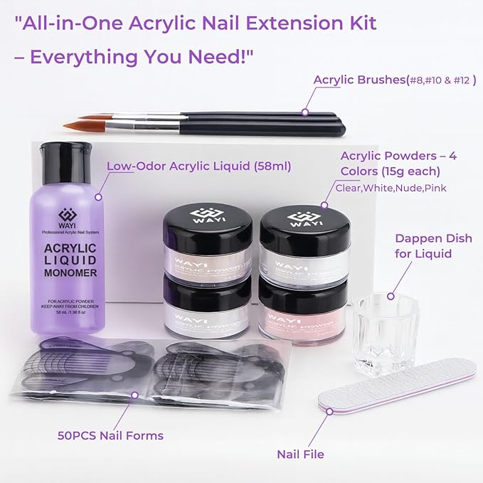 9Pcs Acrylic Nail Kit - 4Pcs Acrylic Powder (Pink, White, Clear, Nude) and Professional Acrylic Liquid Monomer set with Acrylic Nail Brush Nail Forms Glass Cup for Beginner kit