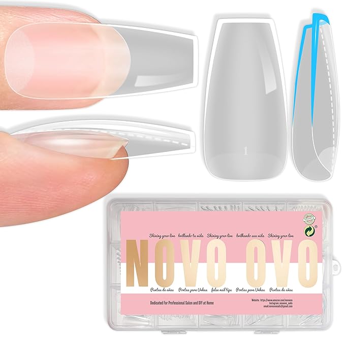 NOVO OVO Medium Coffin Nail Tips Extra Thick Press on No C Curve, Soft Gel Natural Fake Nail Extension, Full Cover Clear False Nails for Acrylic, French Manicure Salon DIY x 14 Sizes 224 pcs