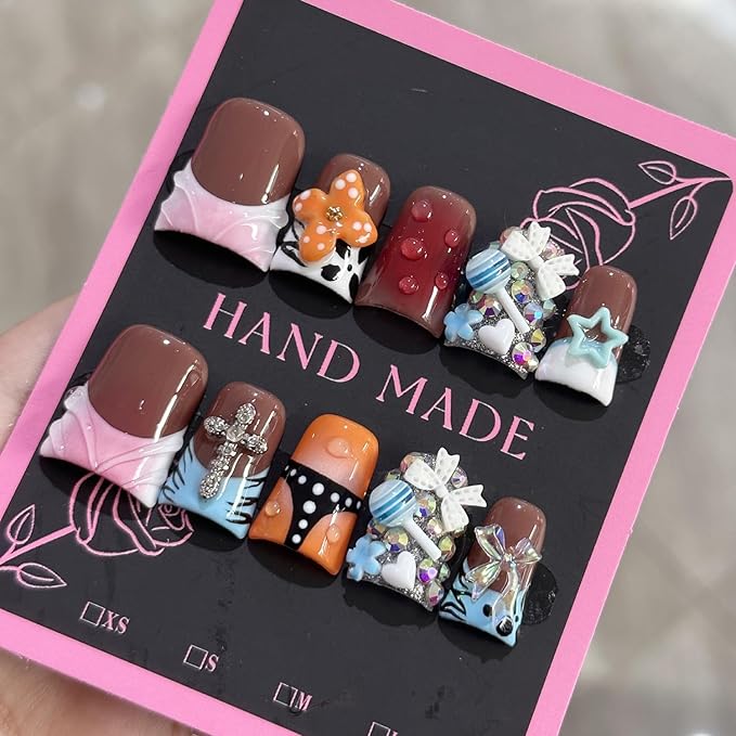 French Tip Press on Nails Handmade Short Duck 3D Flower Thick Acrylic Nails Cool False Nails with Flower Bow Rhinestones Lollipop Designs Cute Glossy Fake Nail Sturdy Art Press on Nail 10Pcs(S)