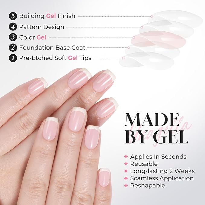 UNA GELLA 32Pcs Soft Gel Press on Nails - 16 Sizes French Tip Short Square Glue on Nails, Reusable Nude Beige False Nails, Full Cover Acrylic Nail Kit for Women DIY Home Manicure