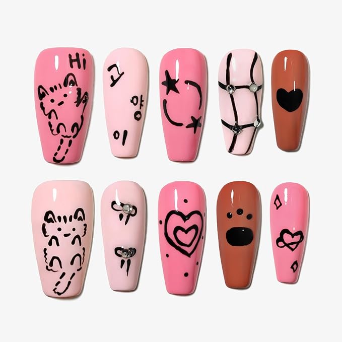 Sun&Beam Nails Handmade Press-on Long Coffin Nails Brown White Black Pink False Nail Tips Hand-drawn Cat Design Fashionable 10 Pcs Set (#158 XS)