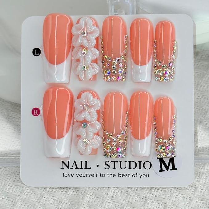 Handmade Press on Nails Medium Square Fake Nails White French False Nails Rhinestone Cute 3D Flower Full Cover Stick on Nails Handmade for Girls Manicure Art Decoration Accessories (Size S)